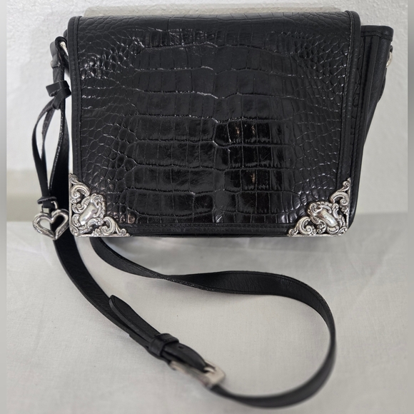 Brighton Black Leather Crossbody Adjustable Strap Silver Hardware Animal Print - Picture 1 of 7